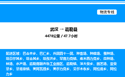 武漢到疏勒縣物流專線-武漢至疏勒縣貨運(yùn)公司